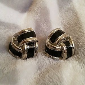 Silver & Black Enamel Knot Clip-on Earrings